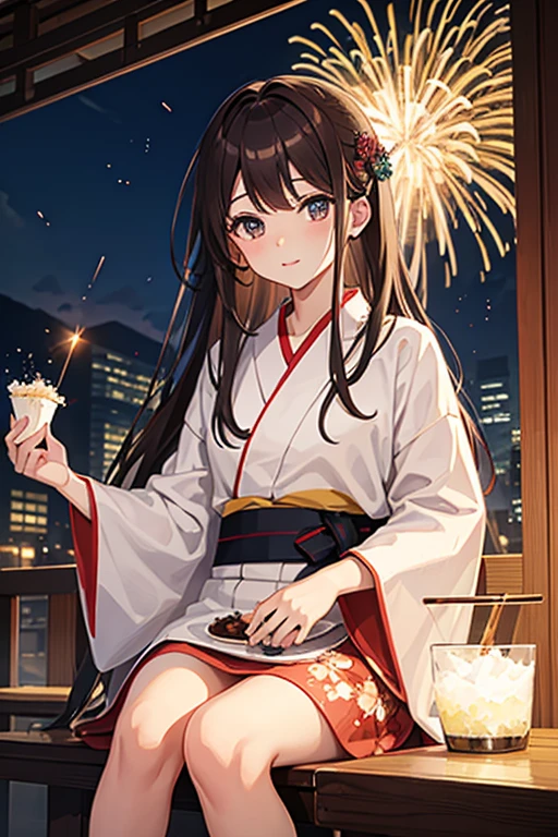 masterpiece, highest quality, High resolution，Anime Style、Brown Hair、Long Hair、yukata、firework、With shaved ice