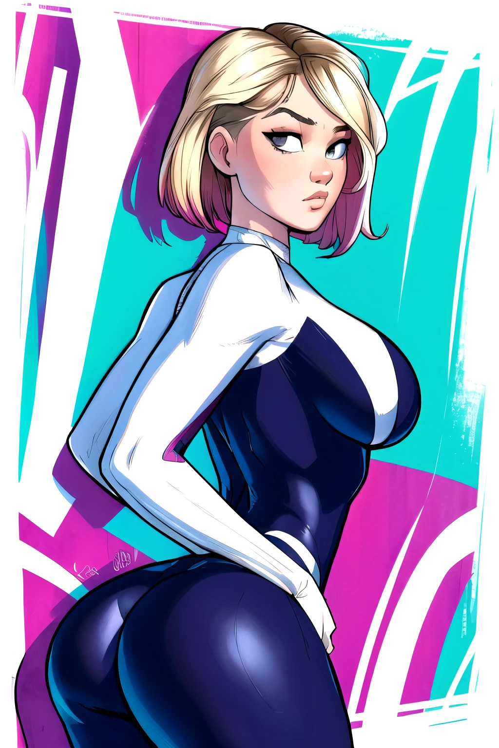 (masterpiece, top quality, best quality, official art, beautiful and aesthetic:1.2),highly detailed face,1girl,gwen_stacy, (portrait:1.3),spider-gwen suit , bodysuit ,thick wiast,big ass, superhero,(extremely detailed,highres, highest detailed,8k,absurdres,CG),happy,full body pose,cowboy shot,grab breast