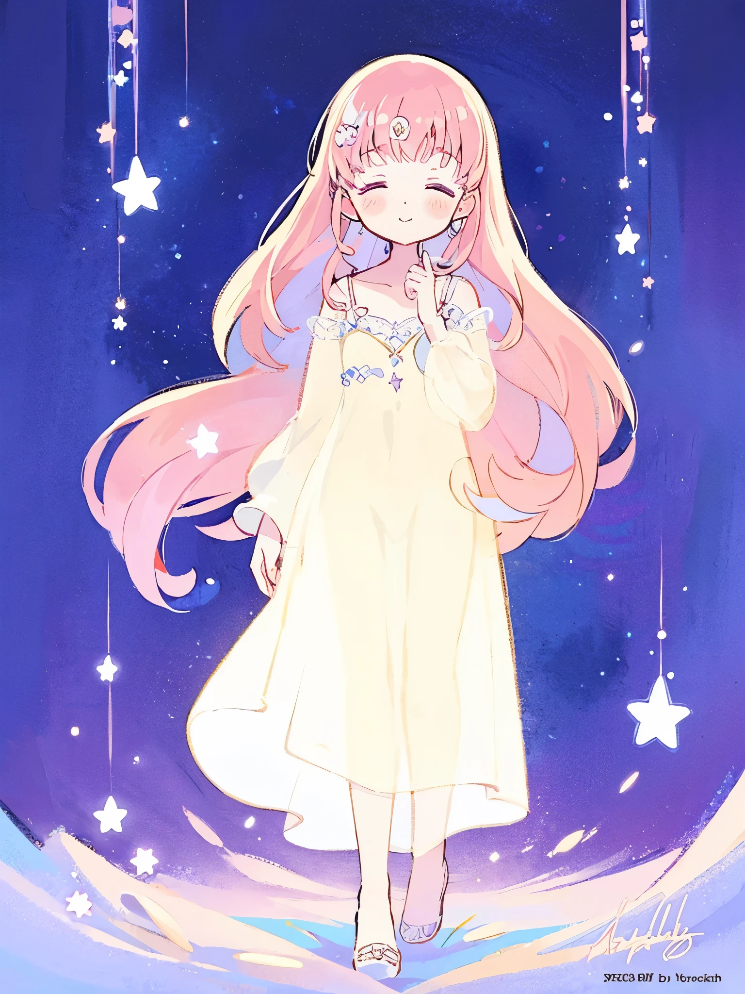 complex background, wishing star background, a woman wearing an ethereal mystical pink translucent dress that reflects the stars, perfume promo art, mystic, complex drawing, highly detailed, Covergirl brand, promo art, artistic rendition, ethereal, starry night, midjourney style
