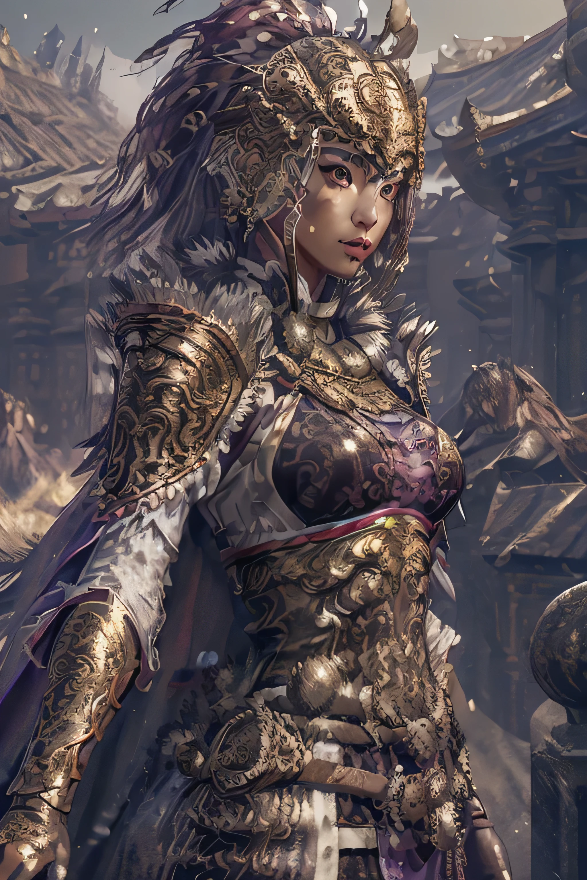 ((masterpiece))), (((highest quality))), ((Super detailed)), (Surreal), (Highly detailed CG illustrations), Cinematic Light, Realistic ,Very beautiful young woman, (Beautiful face and lips), light makeup, Large Breasts,  Complex purple, Purple Cape, gun, Trending on Art Station.