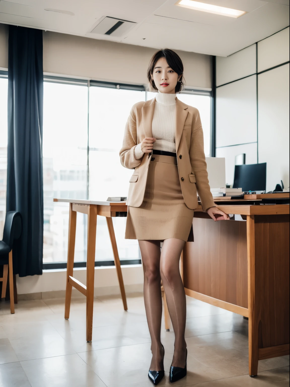 (RAW photos:1.2), (Reality:1.4),Beautiful and delicate woman,Very detailed eyes and face, Delicate eyes, Extremely detailed, high resolution, The content is very detailed,Best quality,Implications,Unite,8k wallpaper,masterpiece,Best quality,a woman is，Delicate woman，Wear a brown sweater，Khaki blazer standing，handbag，Elite ladies，Full Body Love，Casual posture，Wear a dress，Business suit skirt，Long legs，High heel，Office，Spacious office，Good light，desk，Elegant legs, Beautiful posture, Photos of slim girls, Beautiful lady, 非常美丽的细Long legs, Long legs, Smooth legs，Nice shoes