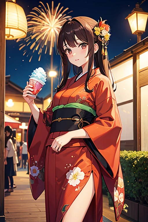 masterpiece, highest quality, High resolution，Anime Style、Brown Hair、Long Hair、yukata、firework、Standing with shaved ice