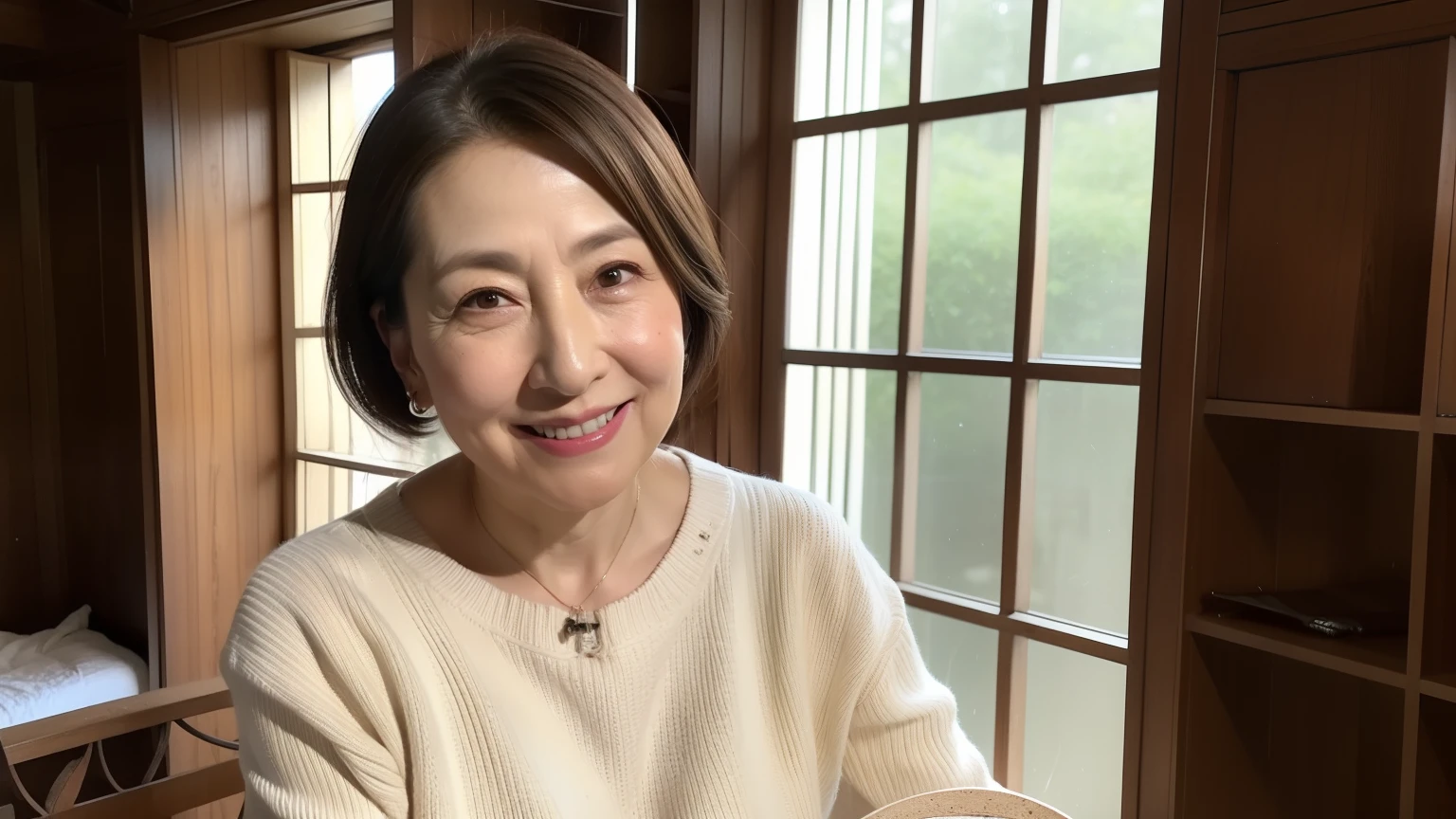 High resolution, High resolution, Attention to detail, masterpiece, Textured skin, Smiling face, Anatomically correct, sharp, ((Japanese Mature, 80 years old)), alone, ((Facial wrinkles)), Shapely large breasts, Straight light brown hair that reaches the shoulders, bangs,Chubby body type (((Stand upright, Facing the center of the screen.))),Look at the photographer, Close your mouth and look straight ahead with a serious face., Light white sweater, Ultra mini skirt,Sitting,Thighs,In an abandoned house,Serious expression