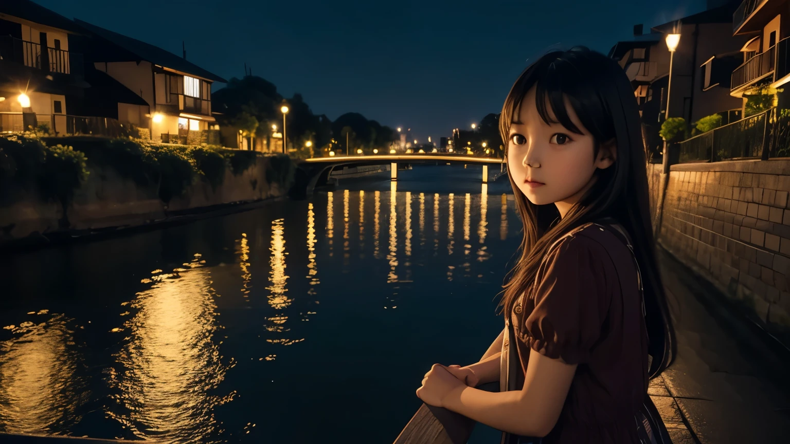 young girl looking at river at night image