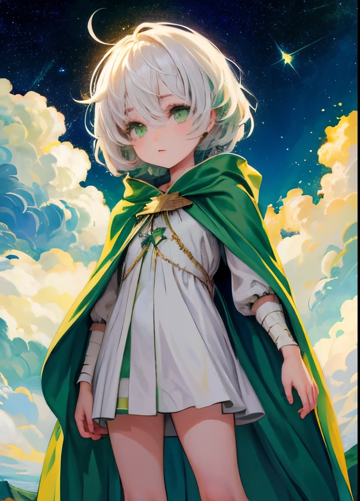 sky: children of the light, pixel_art, White hair, , Empty eyes, green eyes, bright eyes, Green cloak, Bare legs, Night, starry night, green stars, green galaxy, Clouds, open robe, background focus,