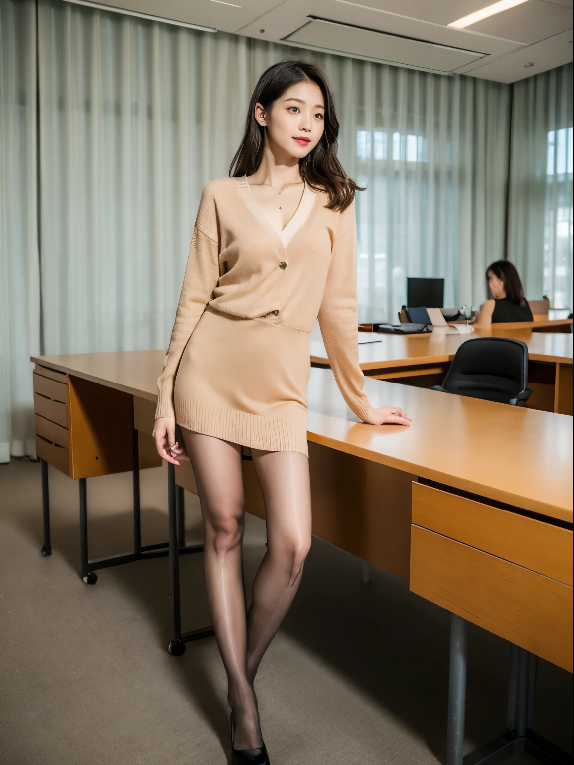 (RAW photos:1.2), (Reality:1.4),Beautiful and delicate woman,Very detailed eyes and face, Delicate eyes, Extremely detailed, high resolution, The content is very detailed,Best quality,Implications,Unite,8k wallpaper,masterpiece,Best quality,a woman is,Delicate woman,Wear a brown sweater,Khaki blazer standing,handbag,Elite ladies,Full Body Love,Casual posture,Wear a dress,Business suit skirt,Long legs,High heel,Office,Spacious office,Good light,desk,Elegant legs, Beautiful posture, Photos of slim girls, Beautiful lady, 非常美丽的细Long legs, Long legs, Smooth legs,Nice shoes