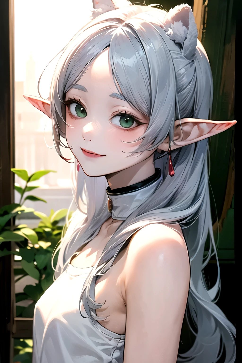 ((best quality)), ((masterpiece)), (detailed), perfect face. Asian girl. Silver hair. Green eyes. Smile. Topless. Small breast. Elf ears.