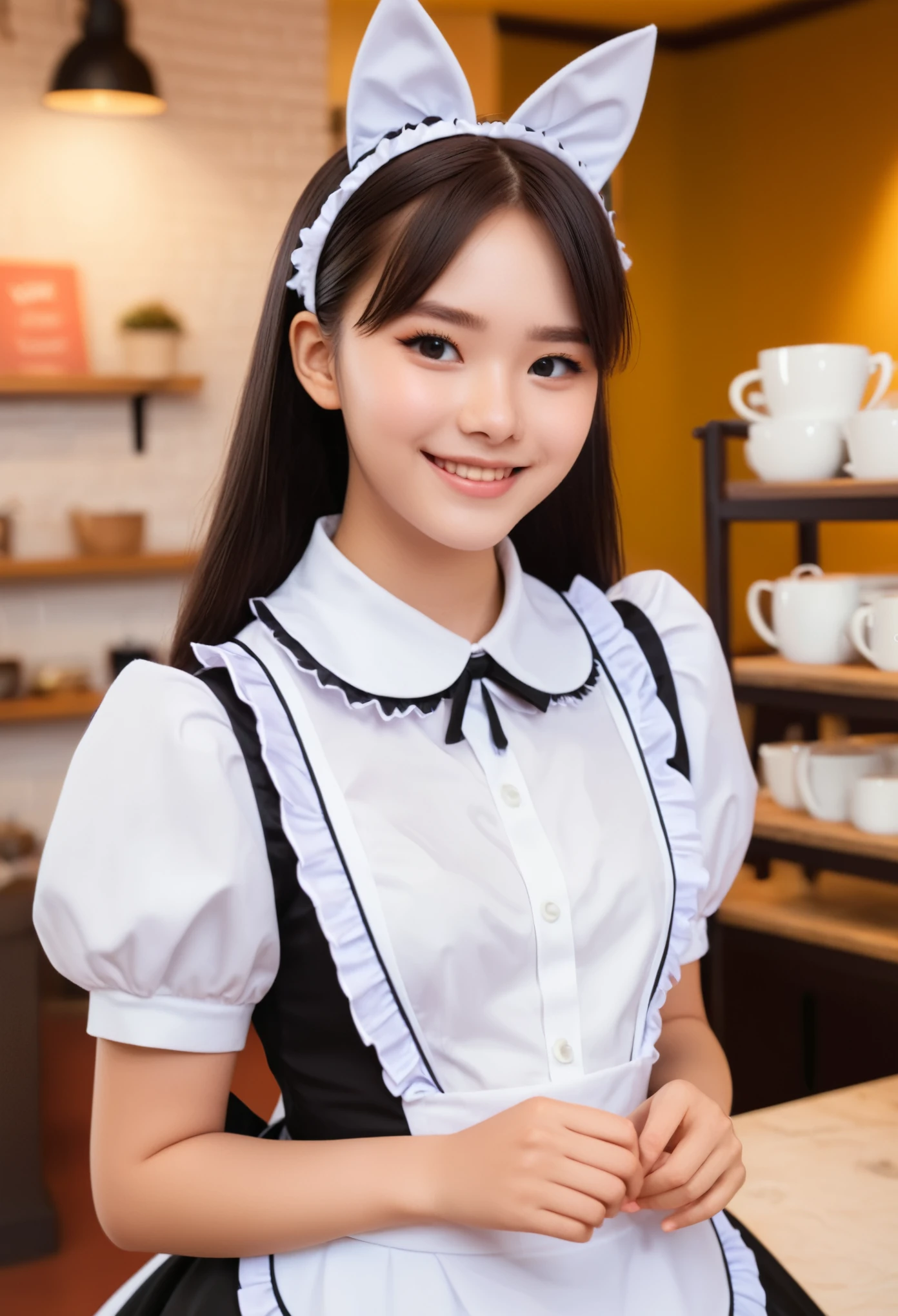 Best Quality, Masterpiece, ,HD Digital Photos, Pixar Animation Style, 1 Girl in English Maid Outfit, Cat-Eared Teen Girl, Upper Body, Standing Behind Smiling at the Camera, Cafe Background, Soft Lighting, Warm Color