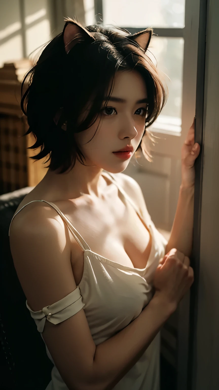 best quality,masterpiece,Ultra-high resolution,（Realistically：1.5）,RAW photos, Cat ears,Lovely,In the light,Deep Shadows,Low profile,Cold Light,Sexy look,short hair