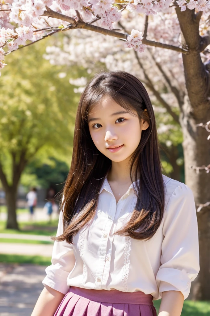 masutepiece, Best Quality, Illustration, Ultra-detailed, finely detail, hight resolution, 8K Wallpaper, Perfect dynamic composition, Beautiful detailed eyes, Natural Lip,a beauty girl、In the bright and refreshing spring sunshine、Imagine a female college student walking around campus.。、She is wearing very mini pink skirt and a white lace blouse. one shirt button is missing. she 16 years old. the hair flutters with the wind、々He is depicted having a conversation with.。The cherry blossoms on campus are in full bloom、Green tree on background々々々There is a bench where students can gather...。She is carrying pink book、Expressing the image of a typical female college student enjoying learning and free time.