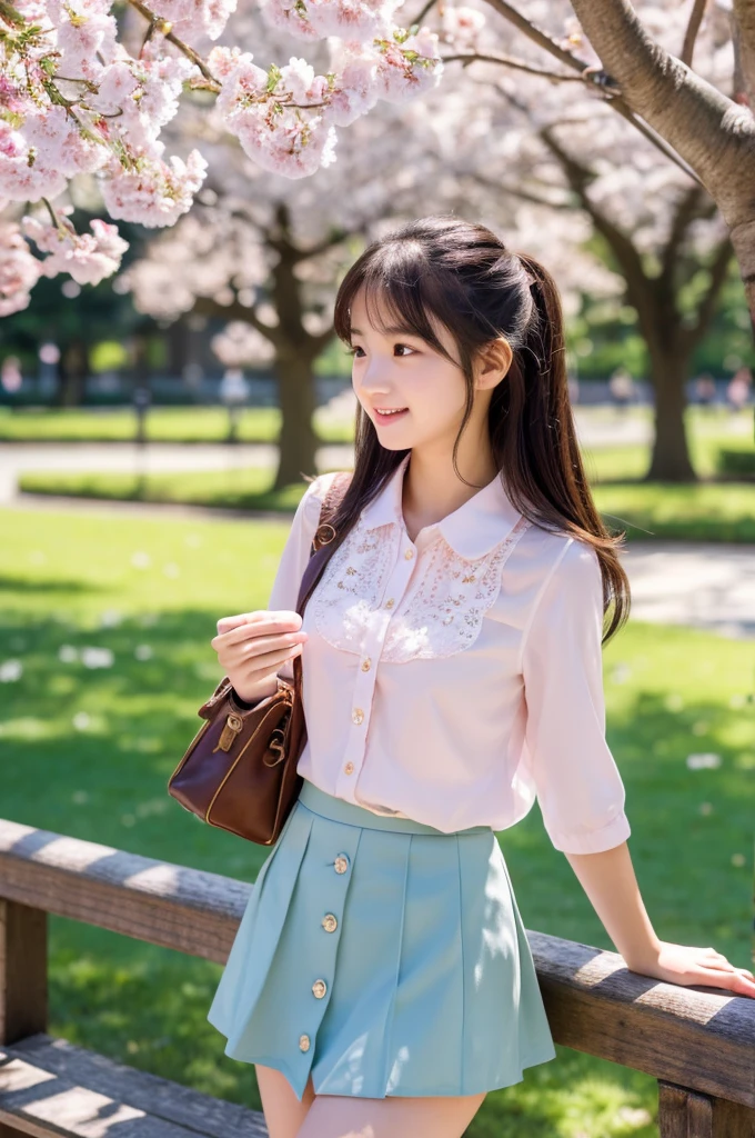 masutepiece, Best Quality, Illustration, Ultra-detailed, finely detail, hight resolution, 8K Wallpaper, Perfect dynamic composition, Beautiful detailed eyes, Natural Lip,a beauty girl、In the bright and refreshing spring sunshine、Imagine a female college student walking around campus.。、She is wearing very mini pink skirt and a white lace blouse. one shirt button is missing. she 16 years old. the hair flutters with the wind、々He is depicted having a conversation with.。The cherry blossoms on campus are in full bloom、Green tree on background々々々There is a bench where students can gather...。She is carrying pink book、Expressing the image of a typical female college student enjoying learning and free time.