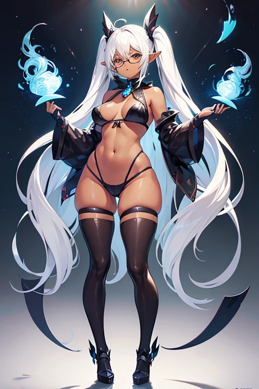 small girl, wide hips, pointy ears, full body, standing, revealing clothes, dark skin,, twintails hairstyle, bikini armor, huge breasts, curvy, white hair, glasses