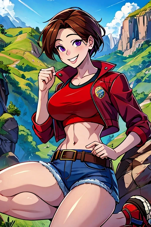 June, brown hair, purple eyes, (Wearing: Opened red jacket, crop-top, denim short shorts, belt and hiking shoes), (Thrilled smile), high quality,4k,
