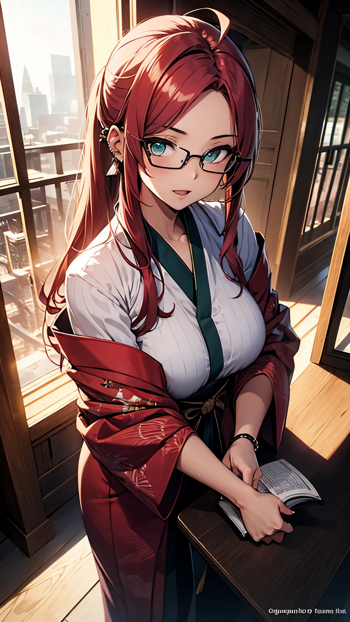 (1girl:1.3), Masterpiece, Best quality, amazing beauty, [[3D]], 4K, absurdres, finely detail, super detailed eye, perfect anatomy, official art, cinematic lighting, BREAK, bamboo, moon, silky ponytail, hime cut, ahoge, red hair, super shiny detailed green eyes, cute eyes, thin eyebrow, Glancing Elsewhere, open-mouth, thin lips, pink lips, eyewear, piercing, Jubilant, BREAK , big breasts, tall, slim, tan skin, detailed skin, sitting, full body, from front, from above, BREAK , (she reading a book), Nishijin brocade kimono, BREAK,(Glasses)