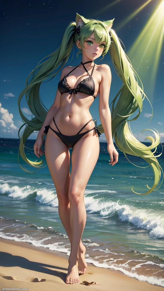 (high resolution, full body, soft skin:1.2, green twin tail),(best illustration,masterpiece:1.2),ultra-detailed,[(cat ears , green inside:1.2, green eyes),vivid colors,sharp focus,portrait,studio lighting,bokeh, wearing a 2 piece black bikini, midnight beach background, spotlight in background, walking on the beach