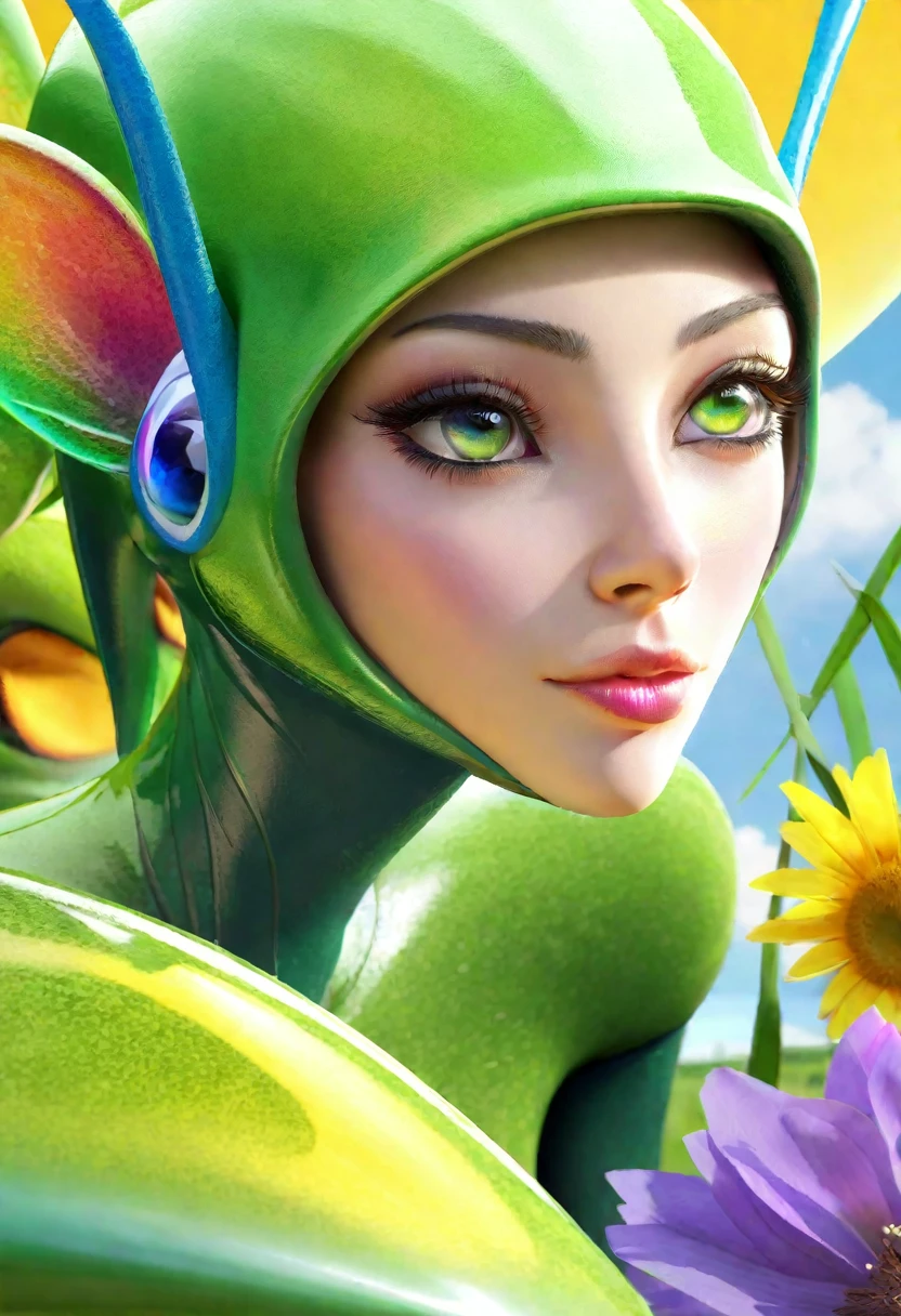 A woman grasshopper(age 25),green body with bright colored wings,rainbow chromatic compound eyes,hard chitinous plates,minimal clothing,admiring flowers,UFO nearby,sunny landscape,detailed face,detailed eyes,detailed lips,beautiful detailed features,highly detailed,realistic,photorealistic,4k,8k,highres,masterpiece,ultra-detailed,vivid colors,studio lighting,sharp focus,physically-based rendering