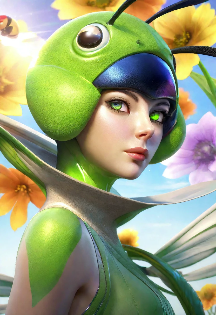 A woman grasshopper(age 25),green body with bright colored wings,rainbow chromatic compound eyes,hard chitinous plates,minimal clothing,admiring flowers,UFO nearby,sunny landscape,detailed face,detailed eyes,detailed lips,beautiful detailed features,highly detailed,realistic,photorealistic,4k,8k,highres,masterpiece,ultra-detailed,vivid colors,studio lighting,sharp focus,physically-based rendering
