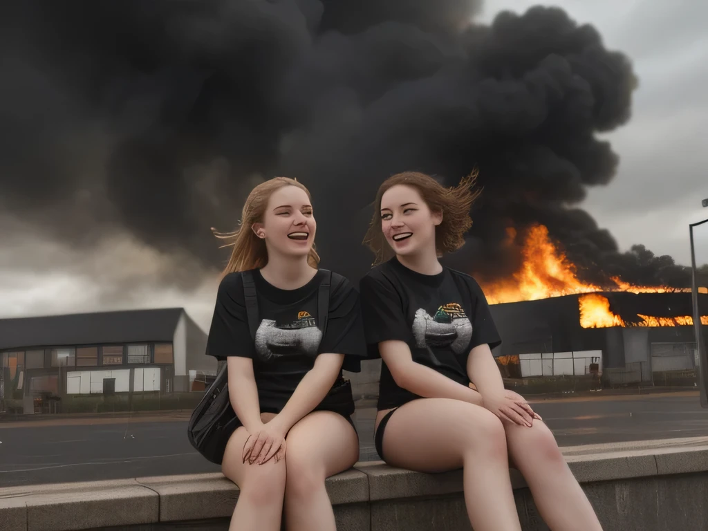 (((high definition))), two very beautiful school age pale girls, staring at the viewer, crowd of people running behind them acting hysterical, burning buildings, smoke, wearing bikini bottom, black t-shirt, sitting at a bus station in Scotland, raining, wearing a t-shirt, cloudy skies, crowd in background, burning buildings