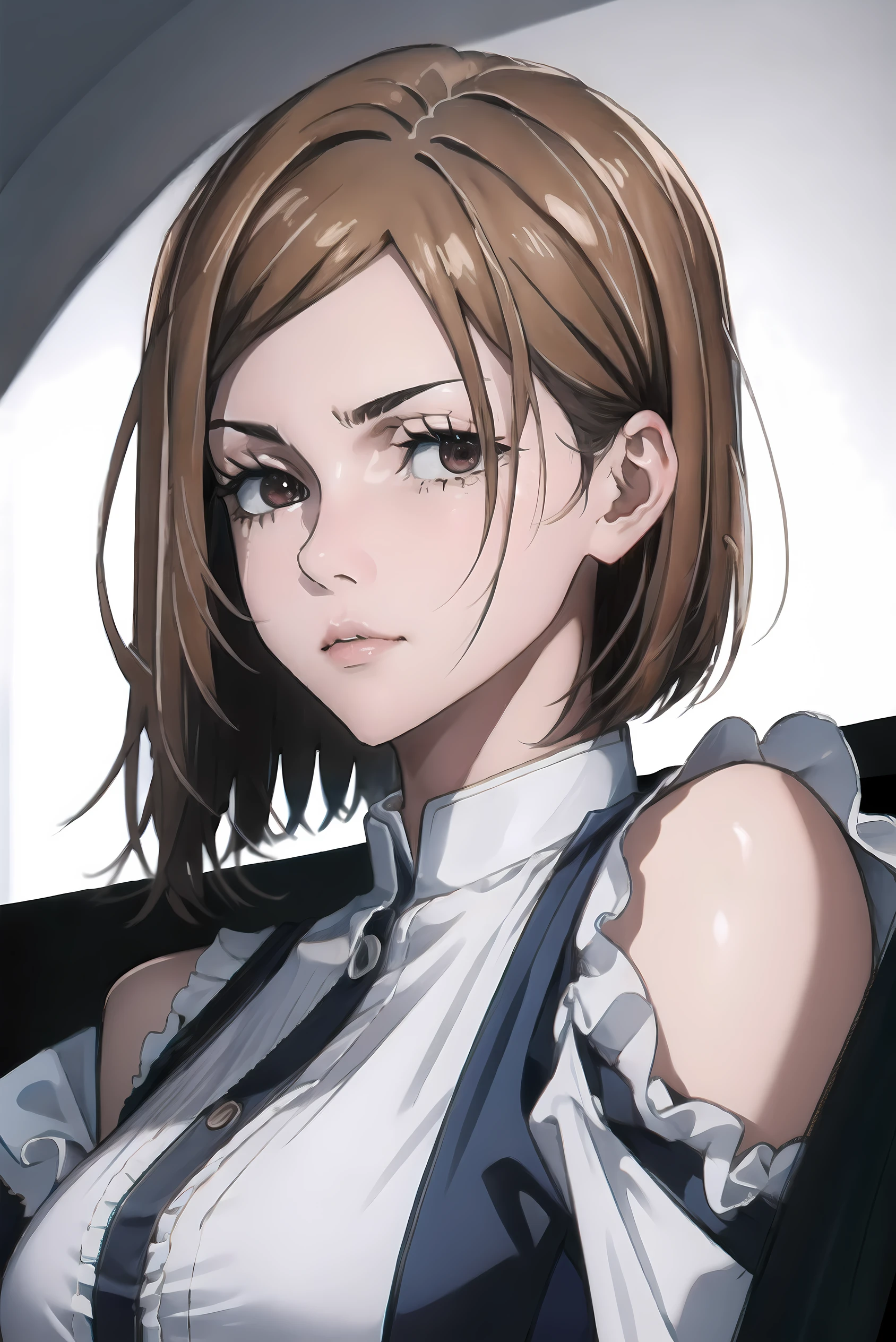 brown hair, Brown eyes, short hair, Shut up, Bangs, Looking at the audience、Large Breasts、Fashiotomically correct, super detail, 4K, textured skin, high quality, highres, super detail, masterpiece，（（Delicate face）），（（beautiful eyes））。(highres:1.1),(absurdres:1.2