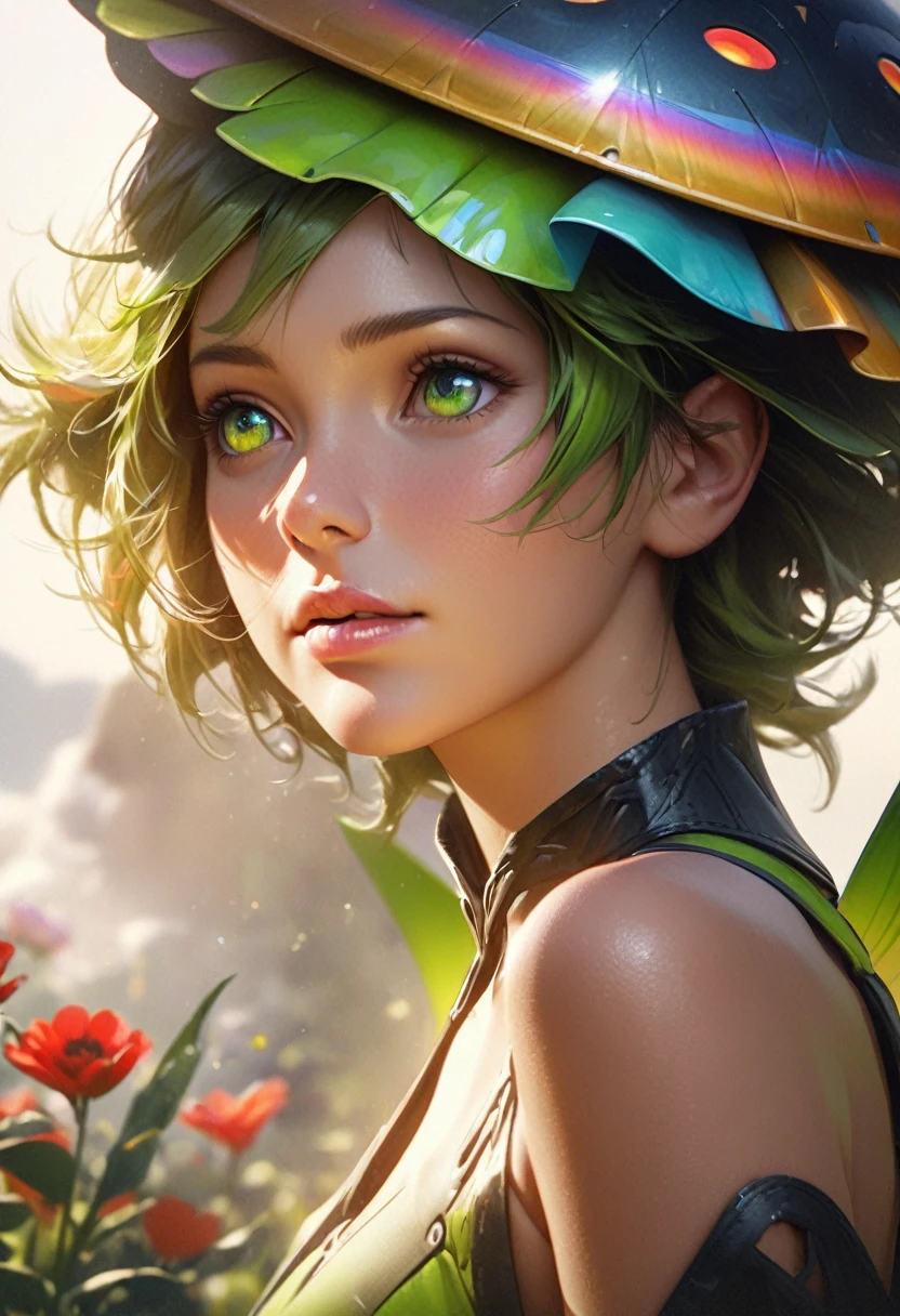 A woman grasshopper(age 25),green body with bright colored wings,rainbow chromatic compound eyes,hard chitinous plates,minimal clothing,admiring flowers,UFO nearby,sunny landscape,detailed face,detailed eyes,detailed lips,beautiful detailed features,highly detailed,realistic,photorealistic,4k,8k,highres,masterpiece,ultra-detailed,vivid colors,studio lighting,sharp focus,physically-based rendering
