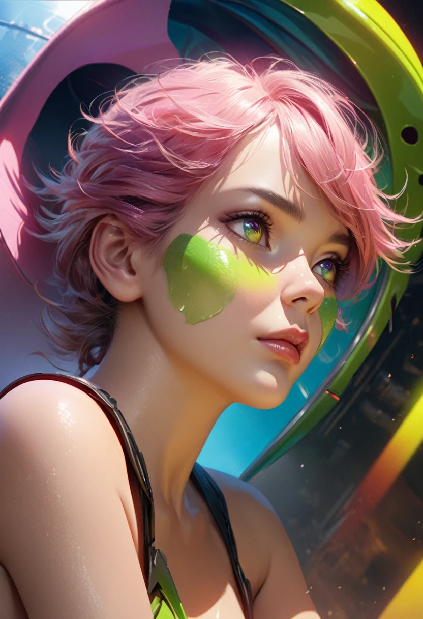 A woman grasshopper(age 25),green body with bright colored wings,rainbow chromatic compound eyes,hard chitinous plates,minimal clothing,admiring flowers,UFO nearby,sunny landscape,detailed face,detailed eyes,detailed lips,beautiful detailed features,highly detailed,realistic,photorealistic,4k,8k,highres,masterpiece,ultra-detailed,vivid colors,studio lighting,sharp focus,physically-based rendering