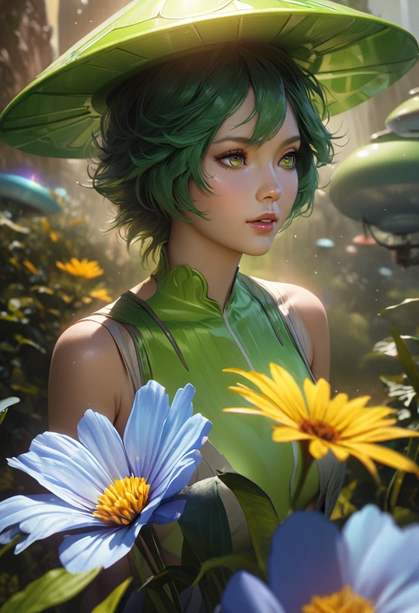 A woman grasshopper(age 25),green body with bright colored wings,rainbow chromatic compound eyes,hard chitinous plates,minimal clothing,admiring flowers,UFO nearby,sunny landscape,detailed face,detailed eyes,detailed lips,beautiful detailed features,highly detailed,realistic,photorealistic,4k,8k,highres,masterpiece,ultra-detailed,vivid colors,studio lighting,sharp focus,physically-based rendering