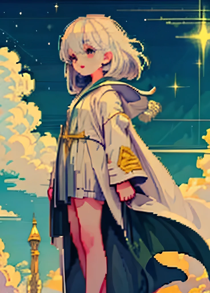 sky: children of the light, pixel_art, White hair, , Empty eyes, green eyes, bright eyes, Green cloak, Bare legs, Night, starry night, green stars, green galaxy, Clouds, open robe, background focus,