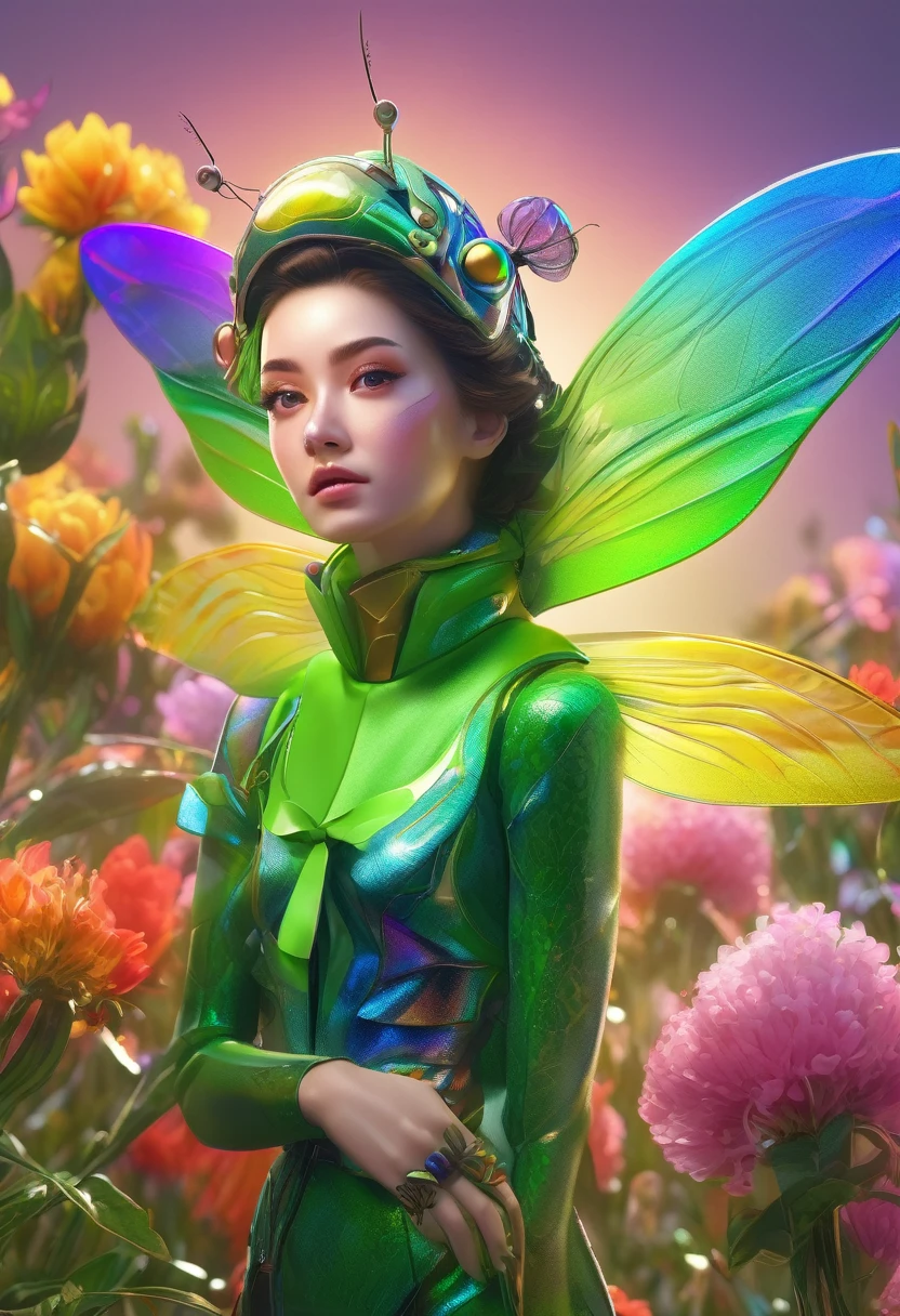 A woman grasshopper(age 25),green body with bright colored wings,rainbow chromatic compound eyes,hard chitinous plates,minimal clothing,admiring flowers,UFO nearby,sunny landscape,detailed face,detailed eyes,detailed lips,beautiful detailed features,highly detailed,realistic,photorealistic,4k,8k,highres,masterpiece,ultra-detailed,vivid colors,studio lighting,sharp focus,physically-based rendering