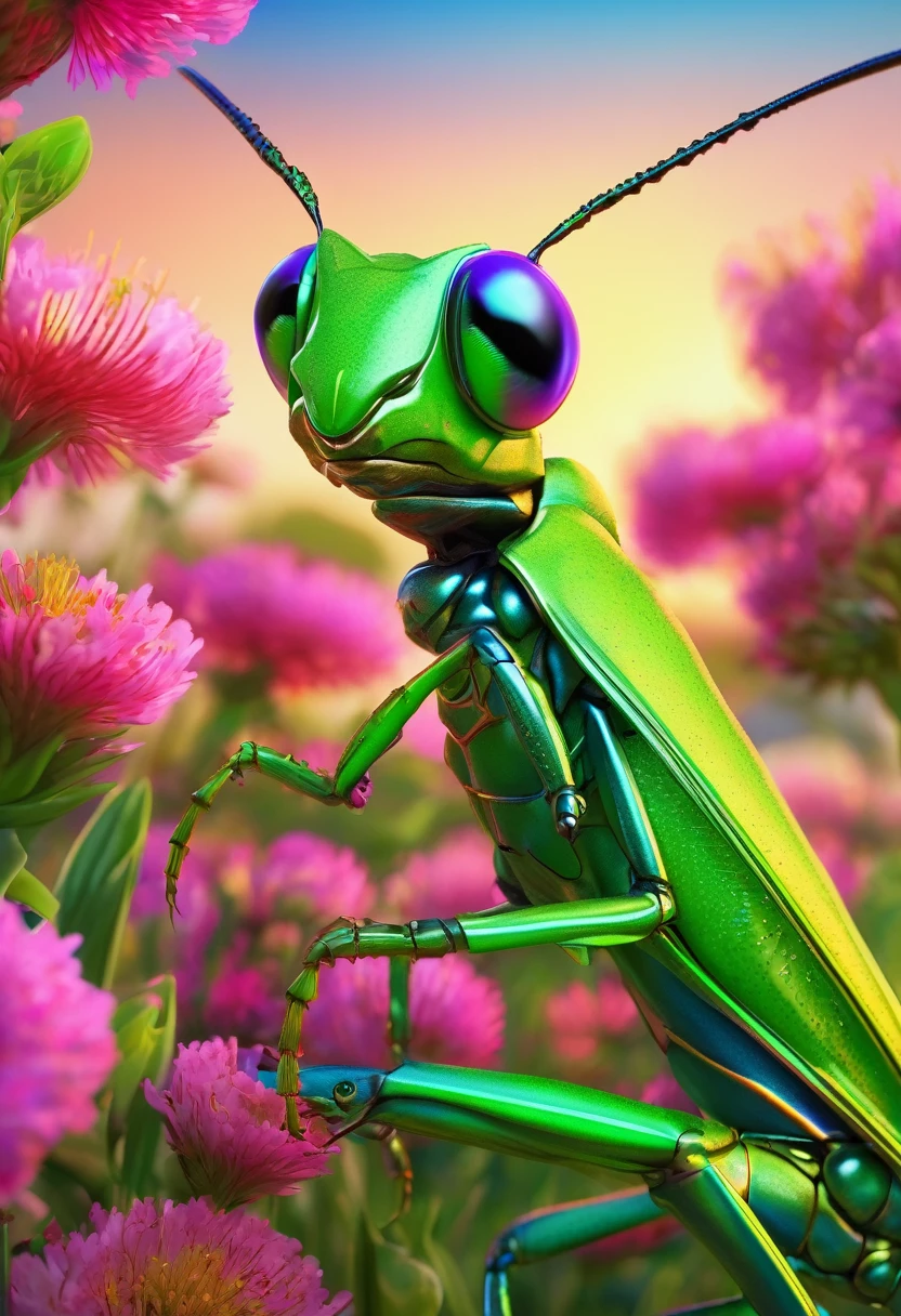 A woman grasshopper(age 25),green body with bright colored wings,rainbow chromatic compound eyes,hard chitinous plates,minimal clothing,admiring flowers,UFO nearby,sunny landscape,detailed face,detailed eyes,detailed lips,beautiful detailed features,highly detailed,realistic,photorealistic,4k,8k,highres,masterpiece,ultra-detailed,vivid colors,studio lighting,sharp focus,physically-based rendering

