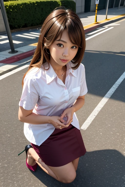 woman、Japanese、35歳のwoman医師、Kneeling and looking down、Headshot from above、The hem of his white coat is spreading out on the ground、Pink blouse　BREAK　Green pencil skirt、pumps、Light brown medium hair、Wave Hair、