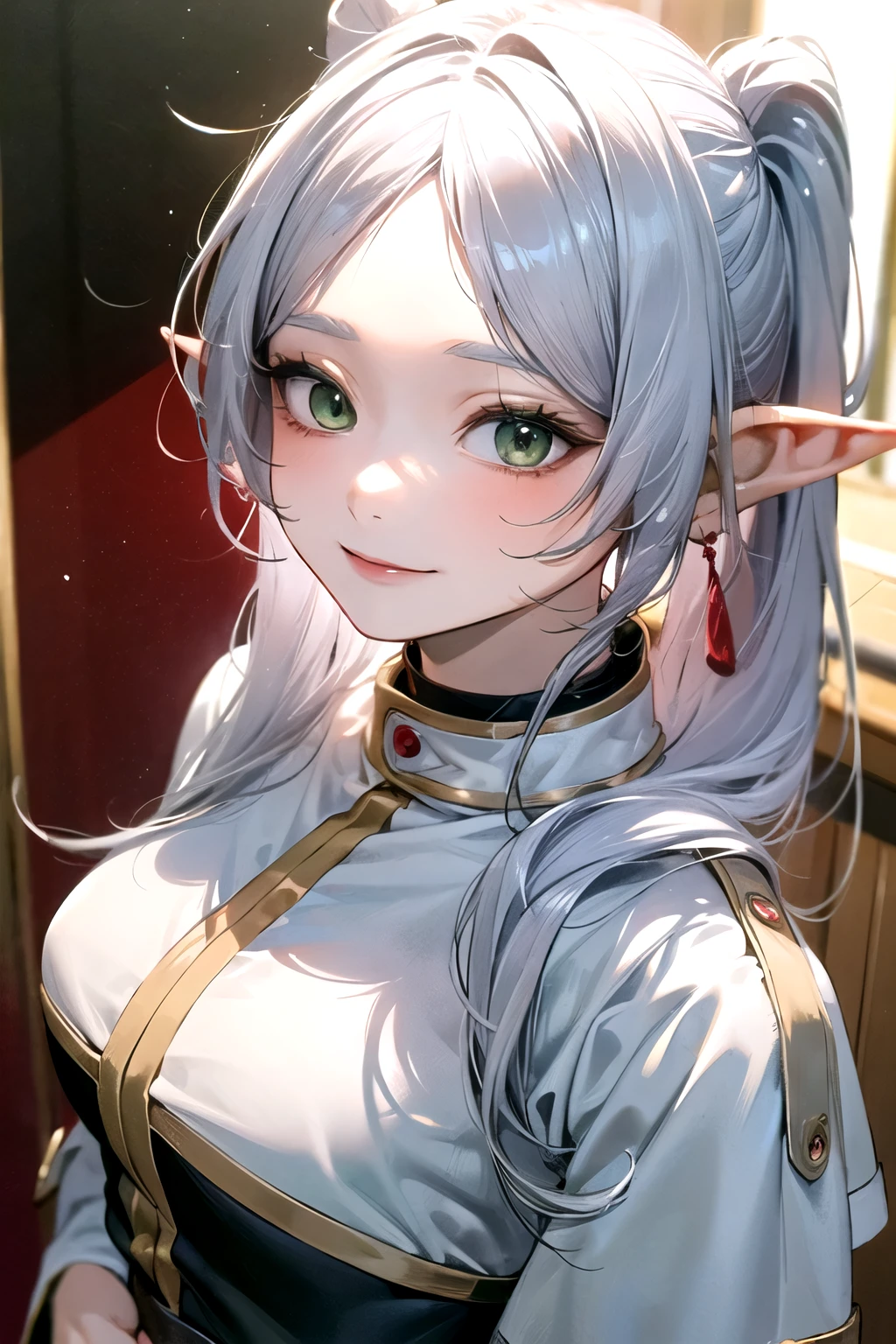 ((best quality)), ((masterpiece)), (detailed), perfect face. Asian girl. Silver hair. Green eyes. Smile. Topless. Medium breast. Elf ears.