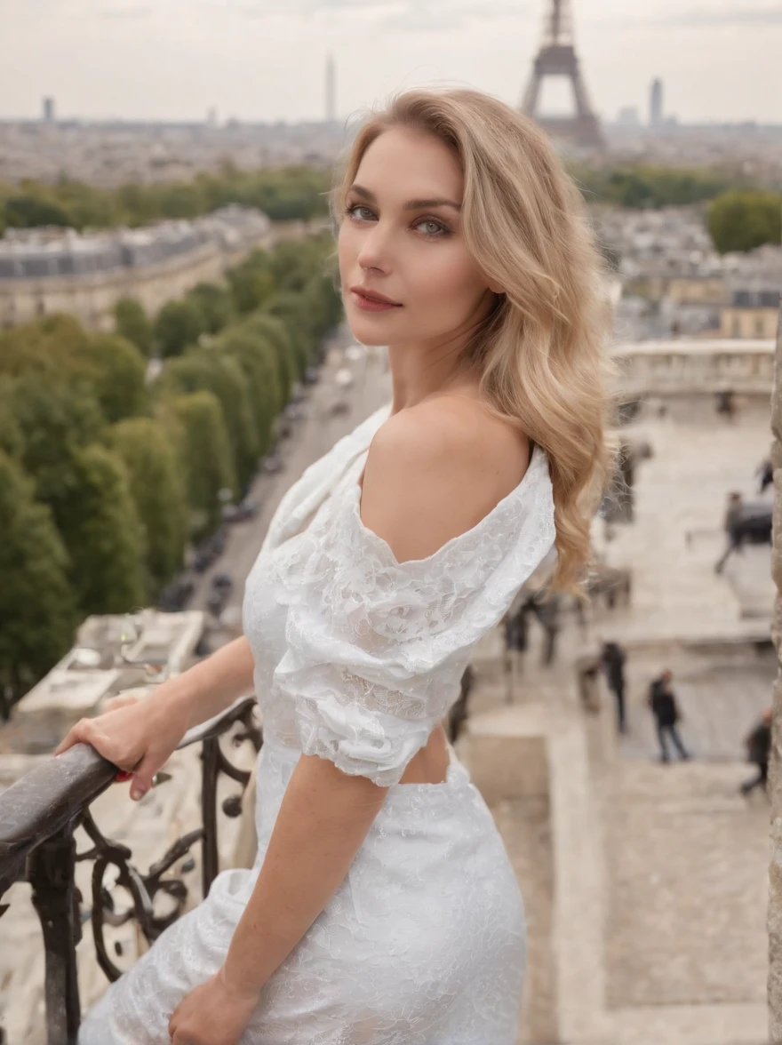 Attractive near the Eiffel Tower, cheveux blonds yeux bleues, sac attrayant, Derrière le soleil, Vue attrayante,Prise de vue moyenne, bois un verre de vin assise sur une chaise sur une terrasse en haut d'un immeuble avec une vue sur paris, Elle porte un haut blanc décolleté. tout le corps est visible, Elle porte un jean moulant. taille des sein bonnet D et de grosse fesse