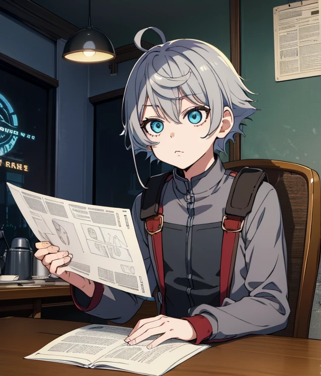 masterpiece, A world where magic and technology coexist, fantasy，wonderland，cat ears boy(gray hair, short hair) ，	1 boy ，solo，1 person，beautiful eyes、depicted in detail， Upper body illustration,work，computer，Cafe，Inside the store，sit on a chair，indoor，pants，tired，sleepy