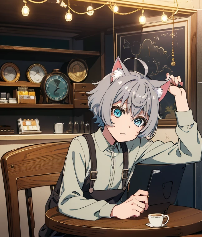masterpiece, A world where magic and technology coexist, fantasy,wonderland,cat ears boy(gray hair, short hair) , 1 boy ,solo,1 person,beautiful eyes、depicted in detail, Upper body illustration,work,computer,Cafe,Inside the store,sit on a chair,indoor,pants,tired,sleepy