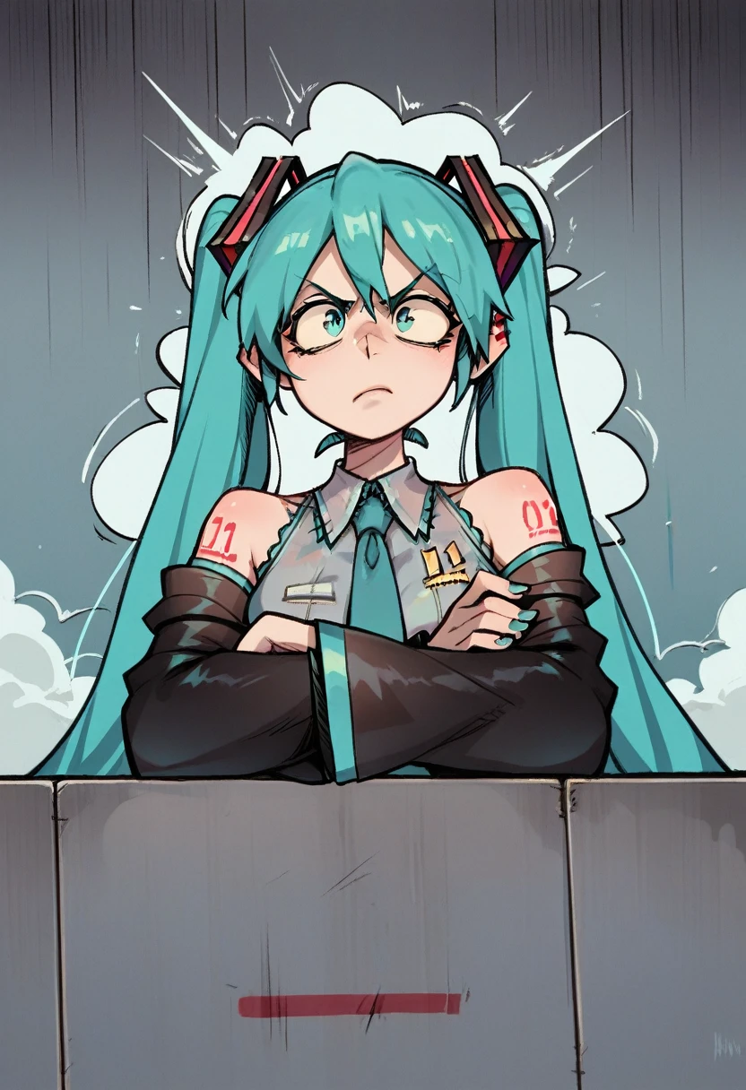 score_9, score_8_up, score_7_up, Hatsune miku, angry, arms crossed, storm cloud, 1girl, twintails