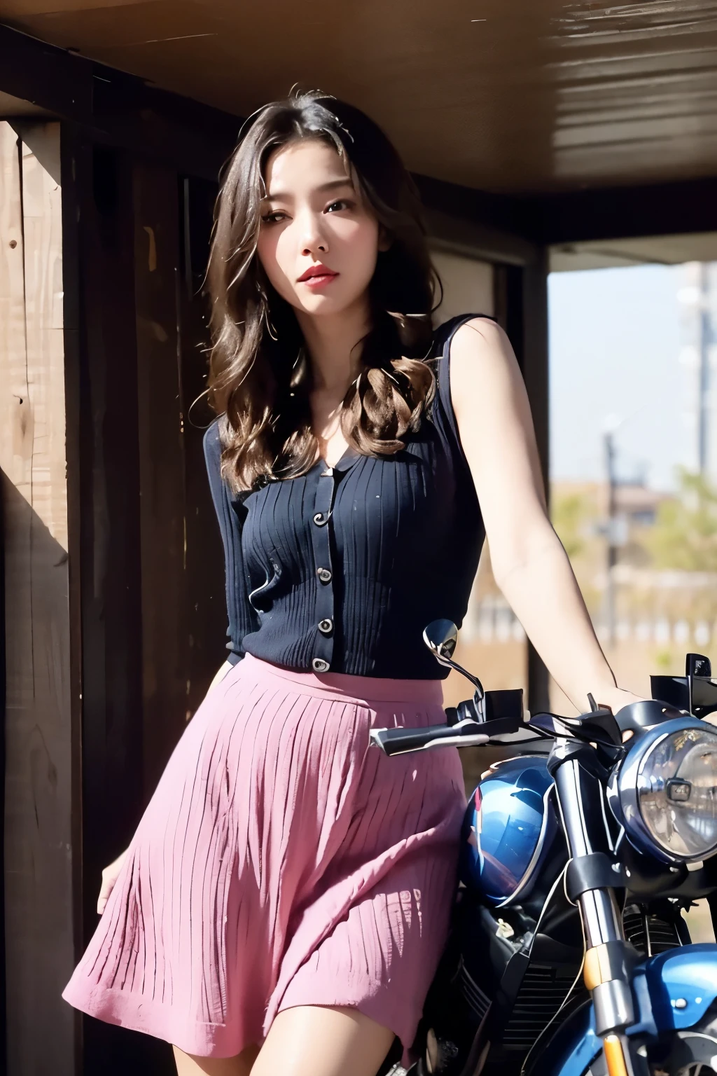 masterpiece,best quality,absurd,High resolution,4k,Ray tracing,Perfect face,Perfect eyes,Intricate details,Very detailed,
1 Girl,Motorcycle Friends,looking at the audience,Sexy pose,(Cowboy shooting:1.2),
Blue Suit,(Pink skirt:1.2),