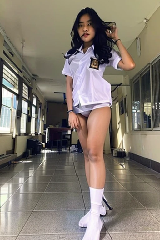 realistic, extremely detailed, 8k, trending on ArtStation, Intricate, High Detail, Sharp focus, cute high school girl, beautiful, standing, indohighschool uniform, black wavy hair, school hallway, cute, photorealistic, full body, detailed, high quality, wearing white panties, bottomless, visible panties