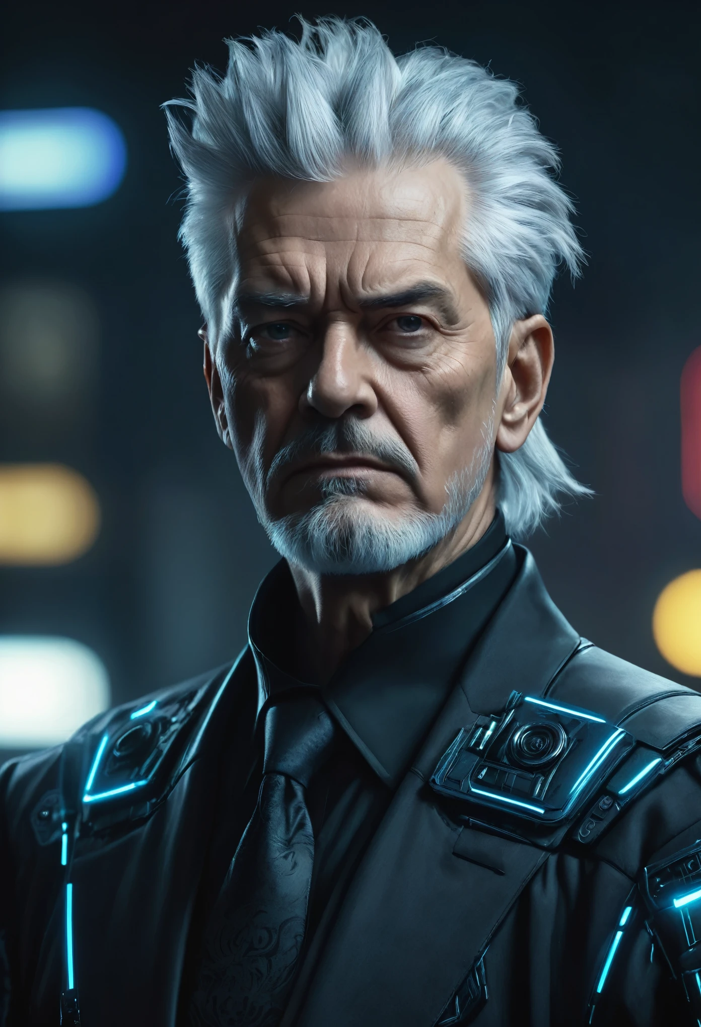 the portrait of a sixty-year-old man, his hair is white, he is the judge of the court, his face is stern and conveys fear. He is dressed in a cyberpunk style suit. maximum brightness, high contrast, 8k, natural lighting, trending on artstation, sharp focus, studio photo, intricate details, highly detailed, by greg rutkowski