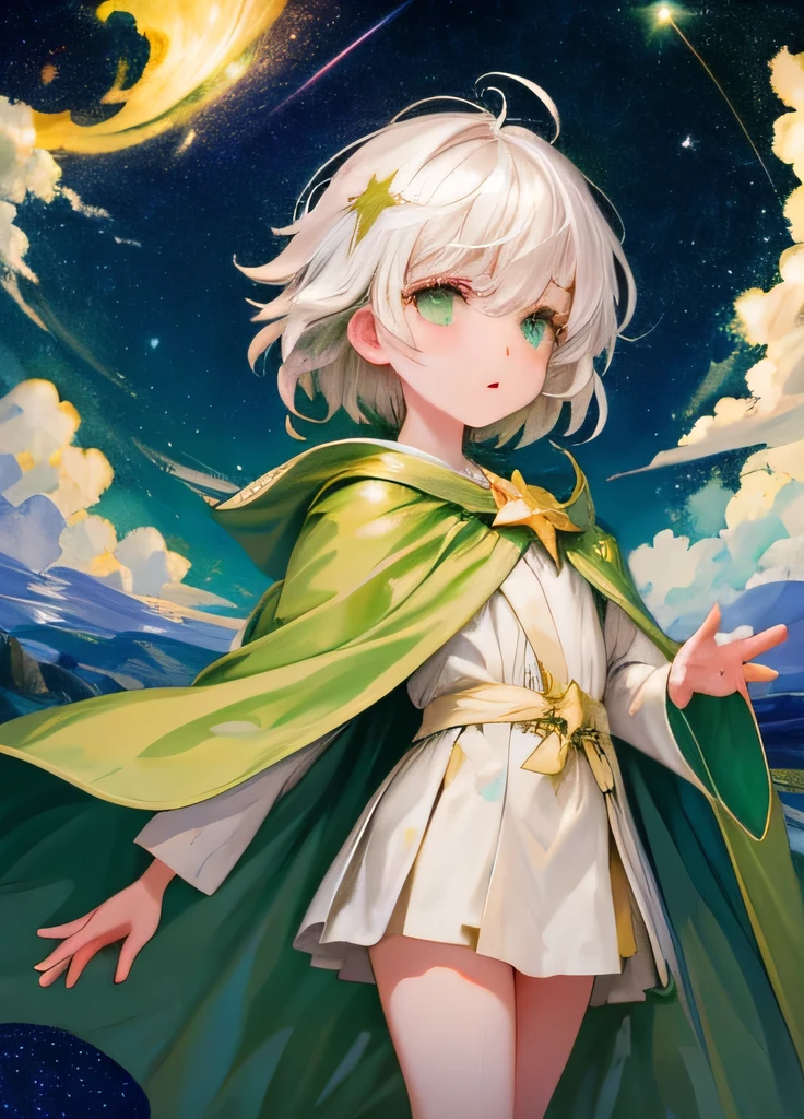 sky: children of the light, White hair, , Empty eyes, green eyes, bright eyes, Green cloak, Bare legs, Night, starry night, green stars, green galaxy, Clouds, open robe, background focus,
