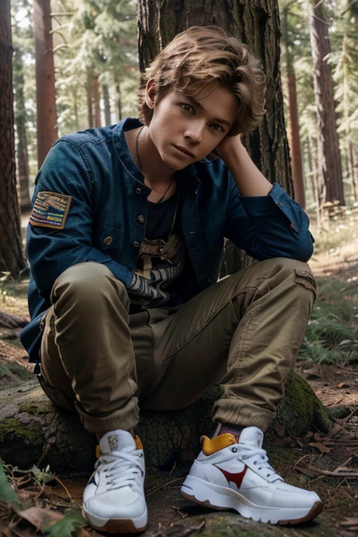 Jeremy Sumpter, Peter Pan, Teen Wolf, 13 years old, short messy light brown blonde hair, blue eyes, red open military jacket, yellow T-shirt with military print, brown jeans, brown sneakers, fox pendant, white wolf print. forest background fox aura around black color