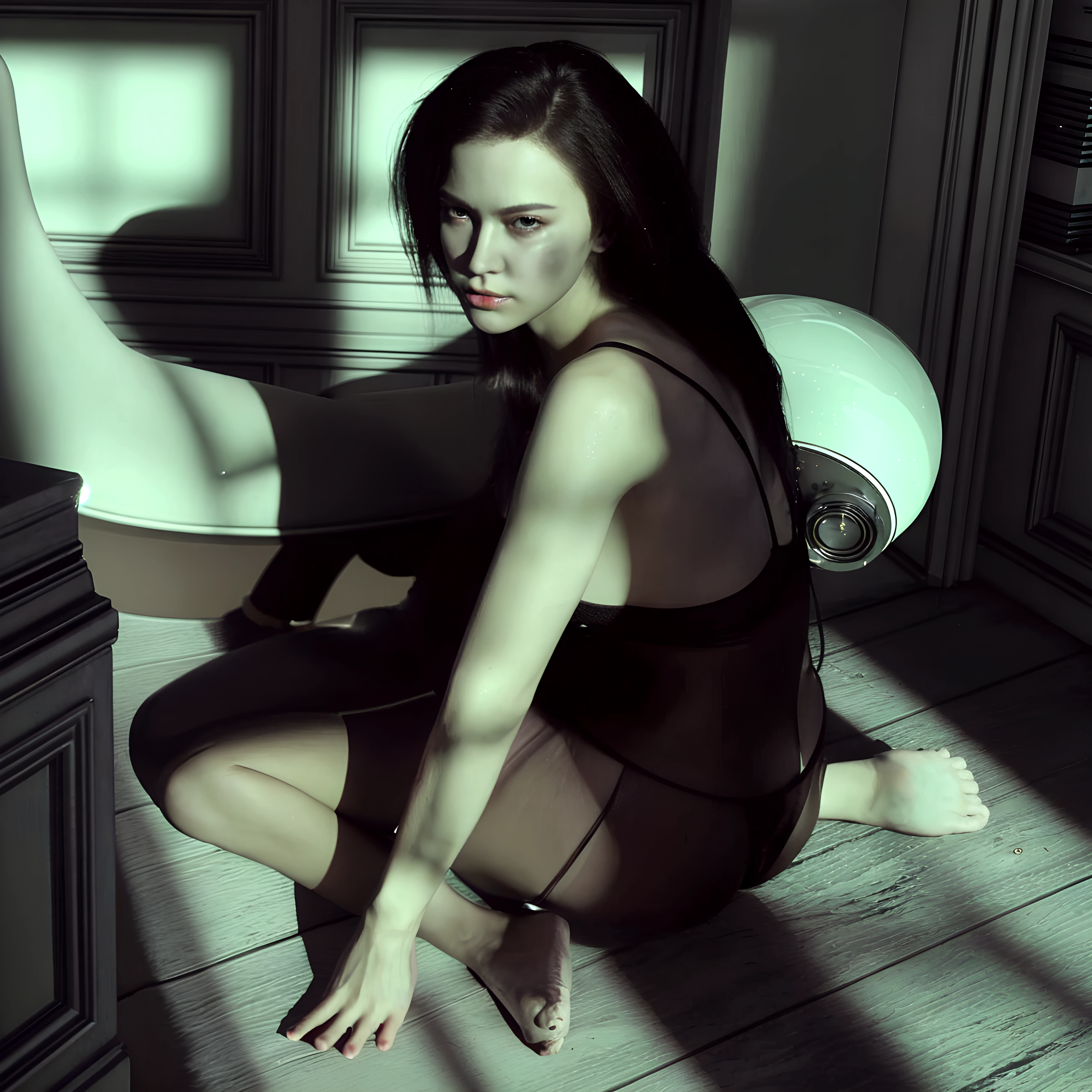 The angry princess from 13 ghosts graphic imagery, complete body picture, wide-angle picture, perfect face, perfect features, knife slashes, cuts all over the face and body, knife above her head, attacking, grisly images, horror, vibrant colors,