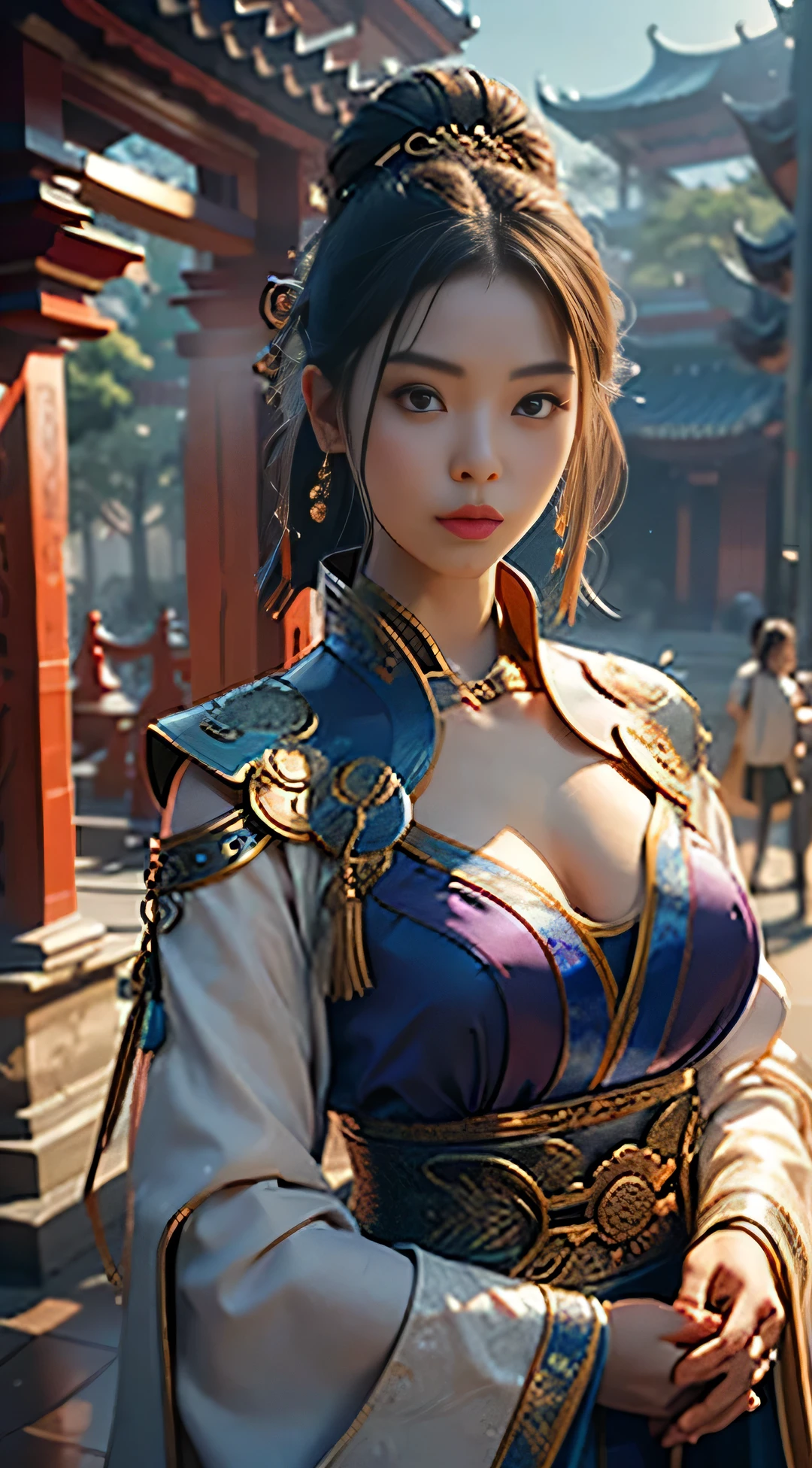 A Japanese woman walking in the city,Buildings,A plant,ssmile,Mixed Korean,The background is blurred out,focal,电影灯光,(((tmasterpiece))), ((best qualtiy)), ((Complex and detailed)), ((ultra-realistic realism)), Ridiculous resolution, A MILF, Mature woman, ssee-through, highly detailed, illustratio, 1girll, (huge tit), Thin waist and thick hips,long leges,beatiful detailed eyes, short detailed hair, brunette color hair, a purple eye, (Monkey King costume:1.2),Akira Toriyama Dragon Ball,Goku outfit,Play as Dragon Ball Son Goku,Female version of Monkey King,(No underwear),pantiess, detailed back ground, perfect eyes, Seductive eye, looking at viewert, From the front,Wear light,