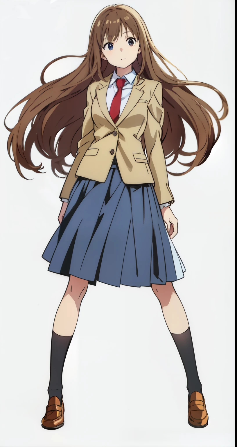 (white background:1.0), (best quality:1.0), (masterpiece:1.0), (super fine illustration:1.0), (beautiful artwork:1.0), (anime screencap:1.0), (official art:1.0), (full body:1.0), (solo:1.0), (HSGα:1.0), (a 18yo cute girl:1.0), (long skirt:1.2), (dark blue skirt:1.0), (pleated skirt:1.0), (school uniform beige blazer:1.0), (red necktie:1.0), (loafers:1.0), (black socks:1.0), (ideal ratio body proportions:1.2), (lanky:1.2), (tall:1.2), (slender:1.2), (small breasts:1.2), (smaller face:1.2), (tareme:1.0), (detailed beautiful eyes:1.0), (detailed beautiful face:1.0), (glowing black eyes:1.0), (long hair:1.0), (brown hair:1.0), (standing:1.0), (looking at viewer:1.0)