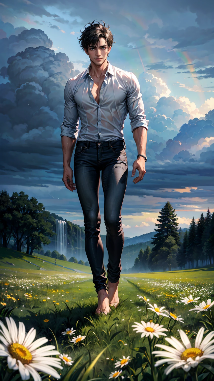 1 walking on a mountain rural pathway wearing lumberjack shirt, blue jeans, brown bots, blue indigo back bag, blue cap, smiling , , by Aaron Horkey and Jeremy Mann, masterpiece, best quality, Photorealistic, ultra-high resolution, photographic light, illustration by MSchiffer, fairytale, Hyper detailed A mixture of photography and painting, Composition of Perfect Divine Proportione, 8k resolution fullbody image,(( view from behind)) full body, oil painting A young man, white skin, ginger, barbed, hairy body, thin face, straight nose, thin lips, square chin, large light blue eyes, short red wavy hair, in roberto ferri style, aesthetic slim athletic body, ginger realistic skin, gorgeous, detailed tonned muscles, barefoot, perfect anatomy, muscled fitness body, in caravagio+rubens+rembrant art style. Young man, perfect anatomy, , energetic splendid, Barefoot, naked, small flacid penis, slim and detailed muscles, shirtless, pantless, fullbody, wearing sandals, the composition of shadows and lights give an atmosphere of spaciousness, he is a sitting by the entrance of a beautifull country house in the forest , barefoot, perfect detailed feet, relaxed body lenguaje, relaxed face expresion. in the backgroound, country house, forest, natural lighting, 
