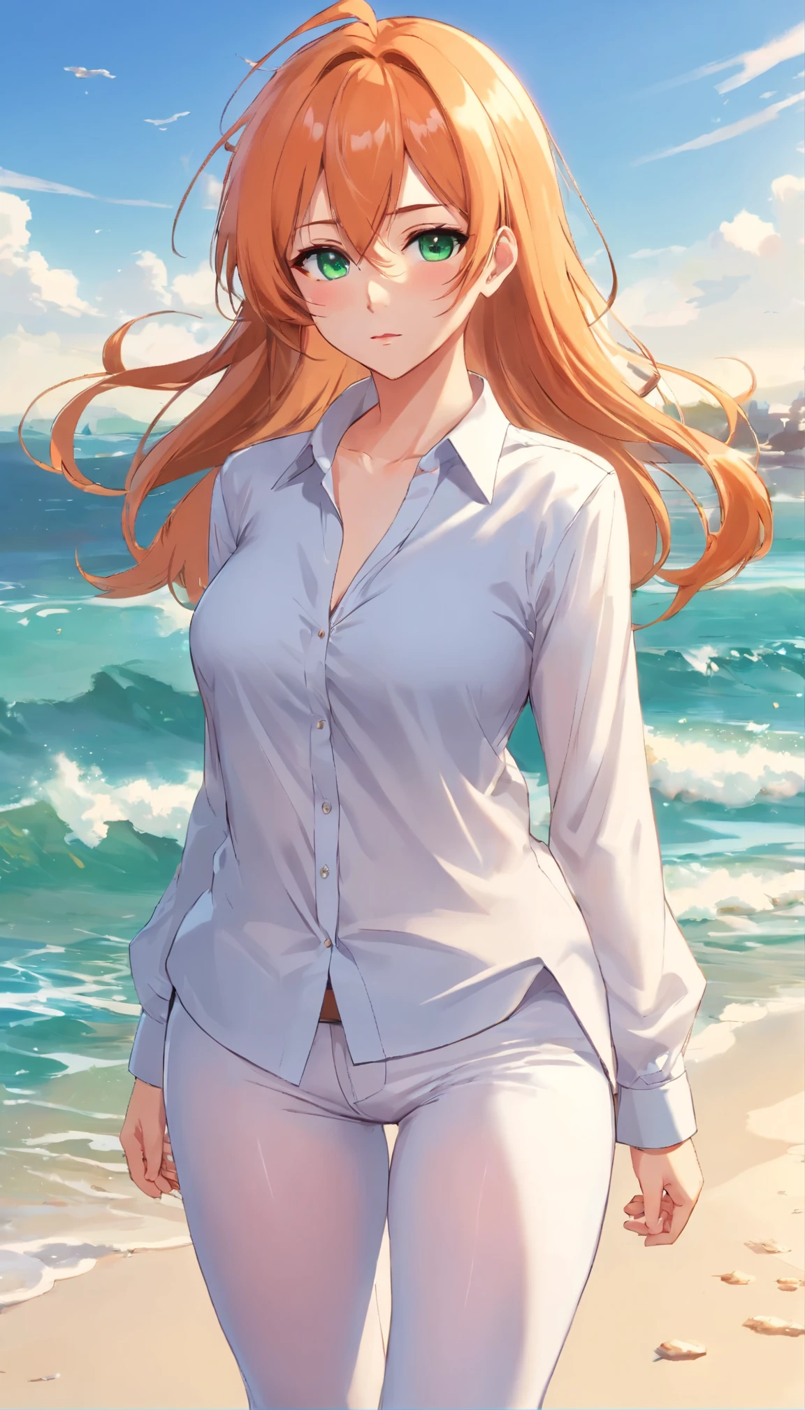 (masterpiece, Best quality), 8K, ultra detailed, realistic photo, Detailed face, perfect lighting, green eyes, bright orange hair, bright hair, fox ears, nice legs, side photo, beautiful, Cute, skin pores, 1 girl, perfect shirt, fully dressed, beautiful women 30 years old, Beautiful proportions, Russian woman, Caucasian, European, Business lady, stunningly beautiful woman, mother, thick legs, show ass, big breasts, (Thin white shirt:1.4), thick, hot, (White Office Wear:1.4), tight pants, (wide hips:1.2), thick, (white Office pants:1.3), spread your legs, Legs open, full length, wide hips, Glasses, with long orange hair, standing on the beach near the ocean, green eyes detailed digital anime art, cat ear, anime girl with long hair, гладкое аниме cg art, anime girl with long hair, digital anime art, work in Guweiz style, Beautiful anime portrait, Photorealistic render of an anime girl, pantyhose, Beautiful anime girl, advanced digital anime art, guweiz на artstation pixiv HD UHD HQ