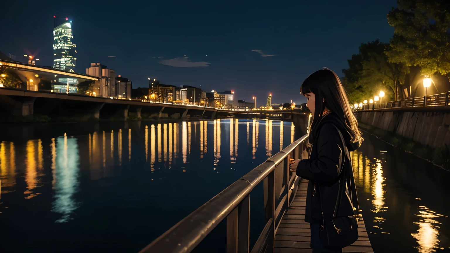 young girl looking at river at night image