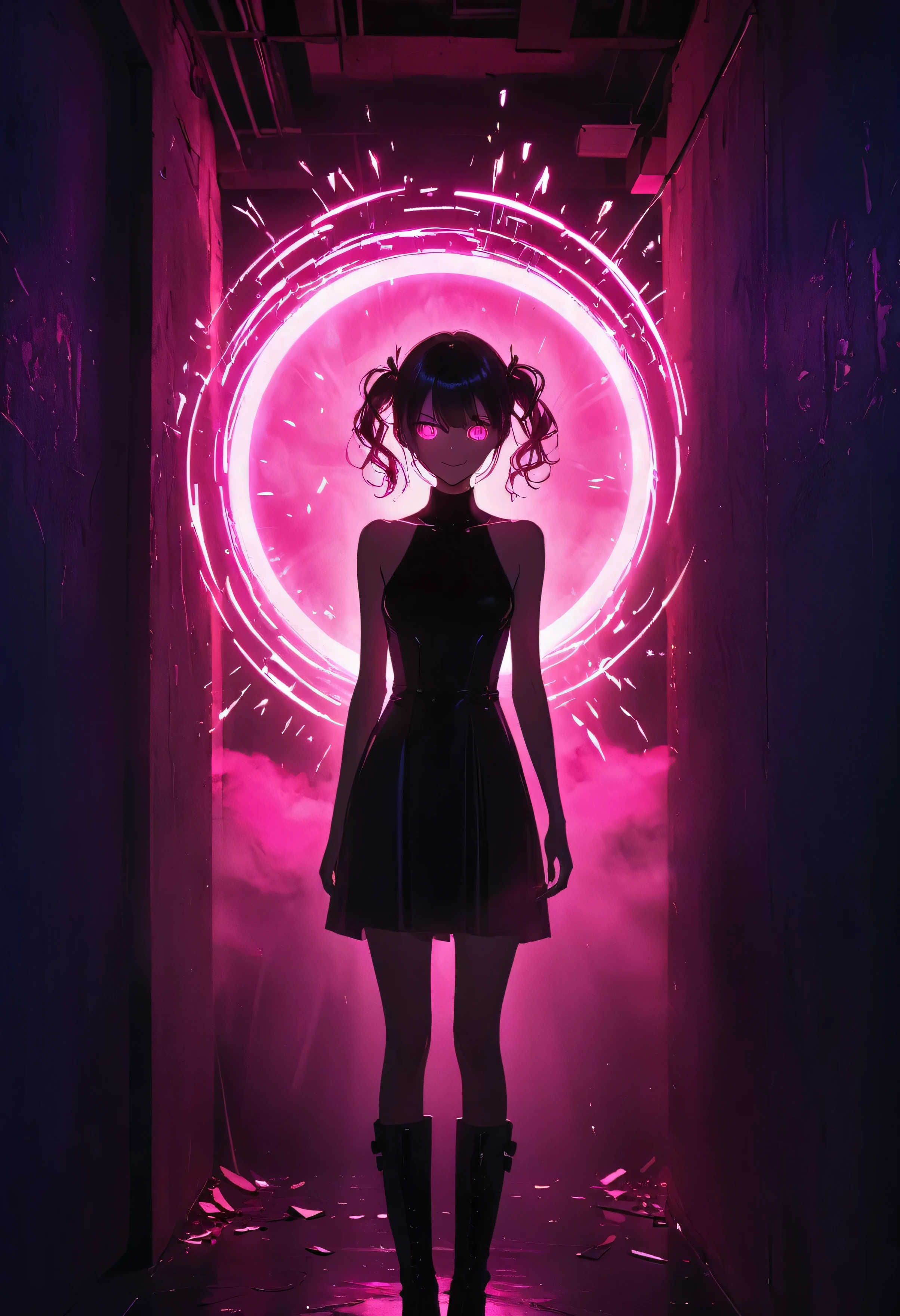 (Mysterious Giant Eye Portrait), indoor, Fluorescent lighting, (Shrouded in darkness, Wall Background, Black background, Shadow, Extreme darkness:2.0), Minimalist graffiti style background, Fluorescent pink eye doodle, Dark atmosphere, One girl, Oversized black t-shirt, Middle chest, Waistless T-shirt, Underbust, Blurred Background, Blurred foreground, Neon pink glowing hair, Neon pink glowing eyes, Bare shoulders, Show your armpits, , Knee-high boots, pink eye Shadow, Eye of Destruction, poker face, silhouette, Cowboy Shot, Surrealism, perspective, Cowboy Shot, throw, Ultra-high resolution, Anatomically correct, Super Detail, highest quality, 16k, masterpiece,evil smile,laugh at,flat chest,twintail,latex,elbow gloves,