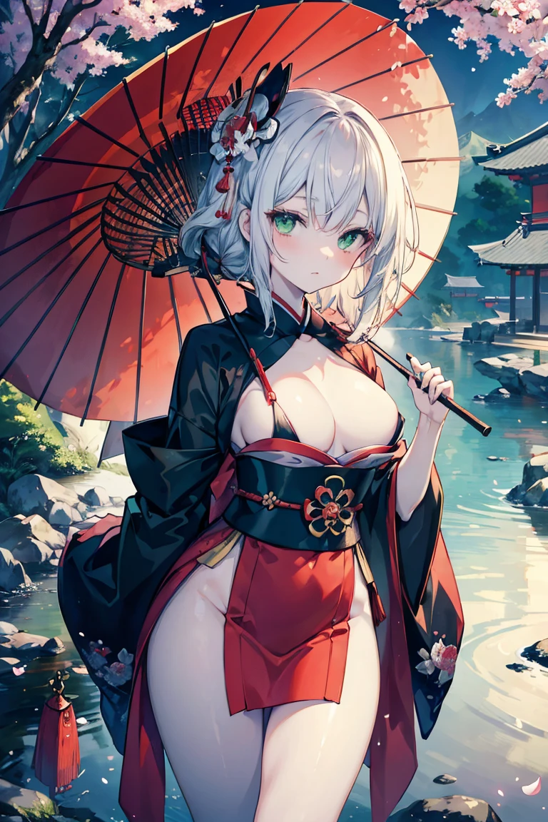 (masterpiece, depth of field, aesthetic), anime pale-skinned geisha with green eyes and umbrella, fan, Japanese scenery, beautiful body, neckline, thigh