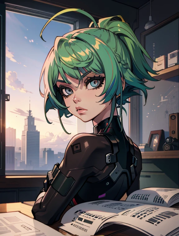 (masterpiece:1.2),(best quality:1.2),(high resolution:1.2)
 CyberJudy, 1girl, solo, asymmetrical hair, green hair, pink hair, brown eyes, tattoo,  ilya kuvshinov, artgerm