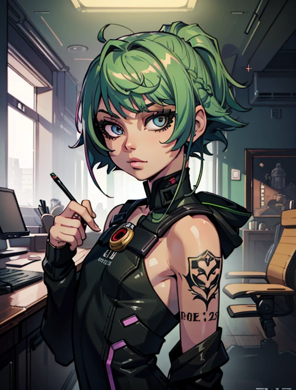 (masterpiece:1.2),(best quality:1.2),(high resolution:1.2)
 CyberJudy, 1girl, solo, asymmetrical hair, green hair, pink hair, brown eyes, tattoo,  ilya kuvshinov, artgerm